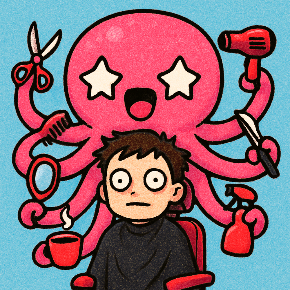 TAKO the octopus barber mid-chaos: eight tentacles cutting, drying, combing, shaving, mirror-checking, misting and serving coffee to one frozen-faced client